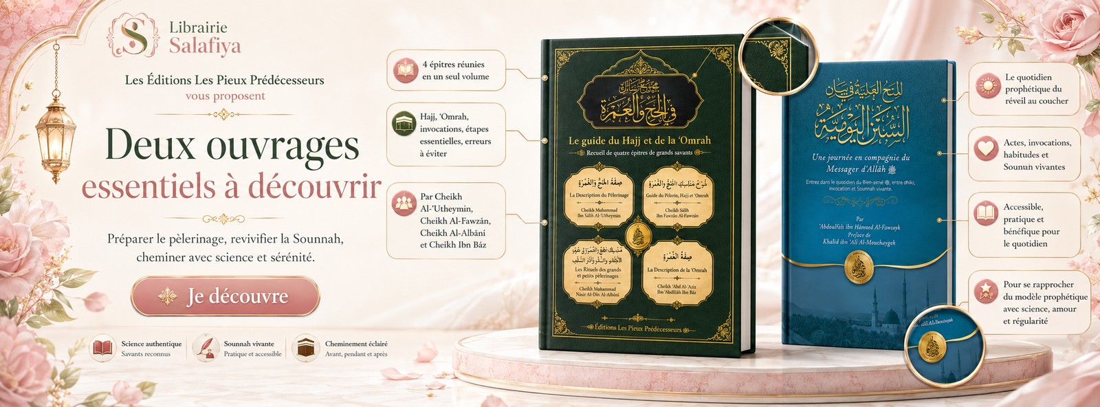 Le guide du Hajj et de la 'Omrah (recueil de quatre épîtres : Al-'Uthaymîn, Al-Fawzân, Al-Albânî, Ibn Bâz) et Une journée en compagnie du Messager d'Allâh, deux ouvrages essentiels des éditions Les Pieux Prédécesseurs pour préparer le pèlerinage
